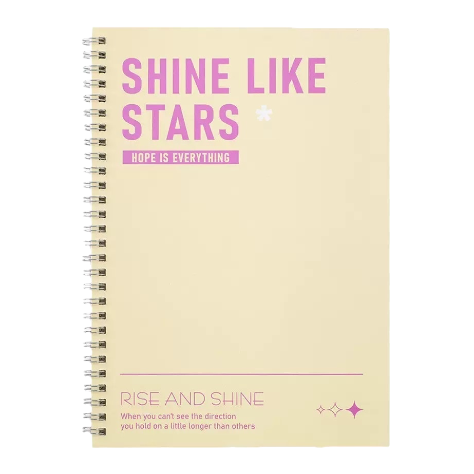 米黄色螺旋装订笔记本 封面紫字SHINE LIKE STARS HOPE IS EVERYTHING RISE AND 白底实物图
