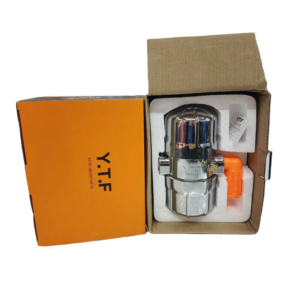 Silver metal automatic drain valve in orange packaging box Item Picture