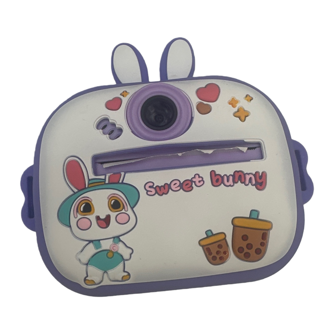 A camera with a purple frame, a white body and a cartoon rabbit shape Item Picture