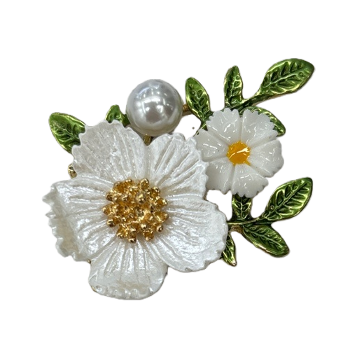 White flower, green leaf and pearl brooch, an elegant lady's accessory, exquisite gift box set Item Picture