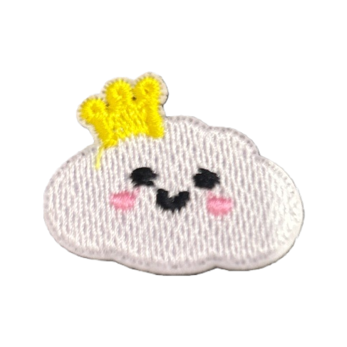 Grey striped background, pink cloud embroidered patches, wearing a small yellow crown, with black eyes and a smiling mouth Item Picture