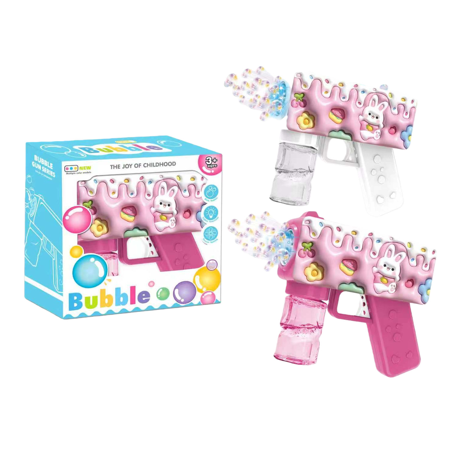 The pink little rabbit bubble gun is a children's toy and a handheld bubble machine. It's cute and fun for outdoor play Item Picture