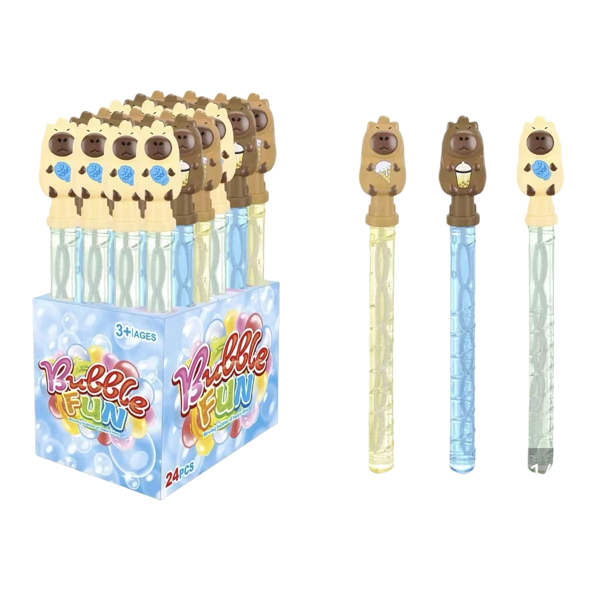 Colorful bubble stick toys with cartoon animal shapes on top and transparent spiral tube bodies Item Picture