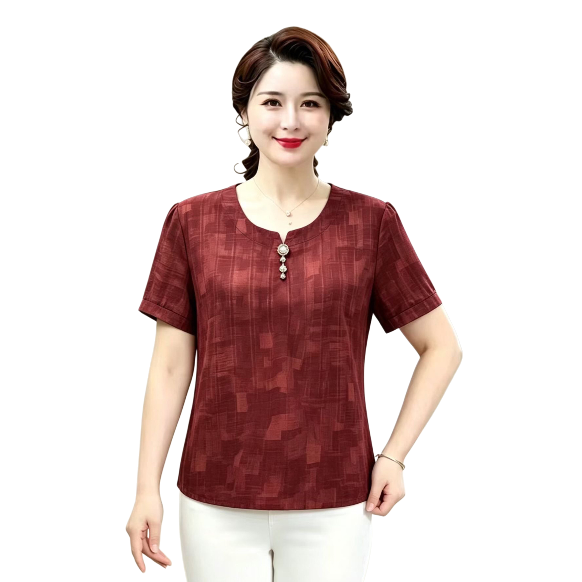 Wine red short-sleeved top for women in summer, middle-aged and elderly women's clothing