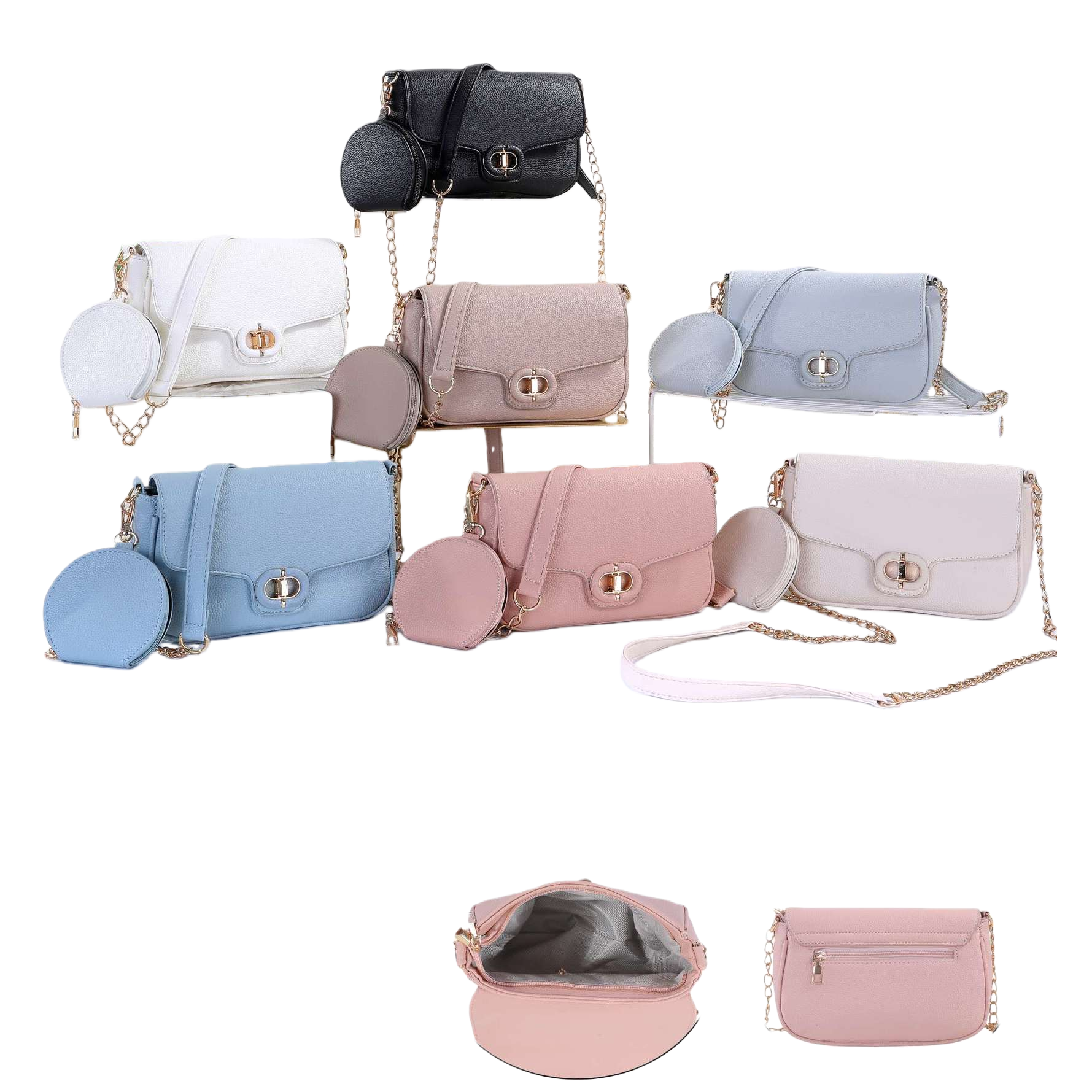 Factory direct batch, popular mother and child flip cover small square bag, detachable small round bag, dual-purpose crossbody single-shoulder bag, wear-resistant PU leather, multiple colors available, live-streaming street stall, physical store purchase source, women's chain bag set Item Picture