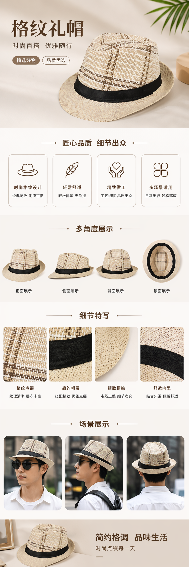 米色格纹草帽 夏日防晒遮阳帽 女士休闲编织帽详情1