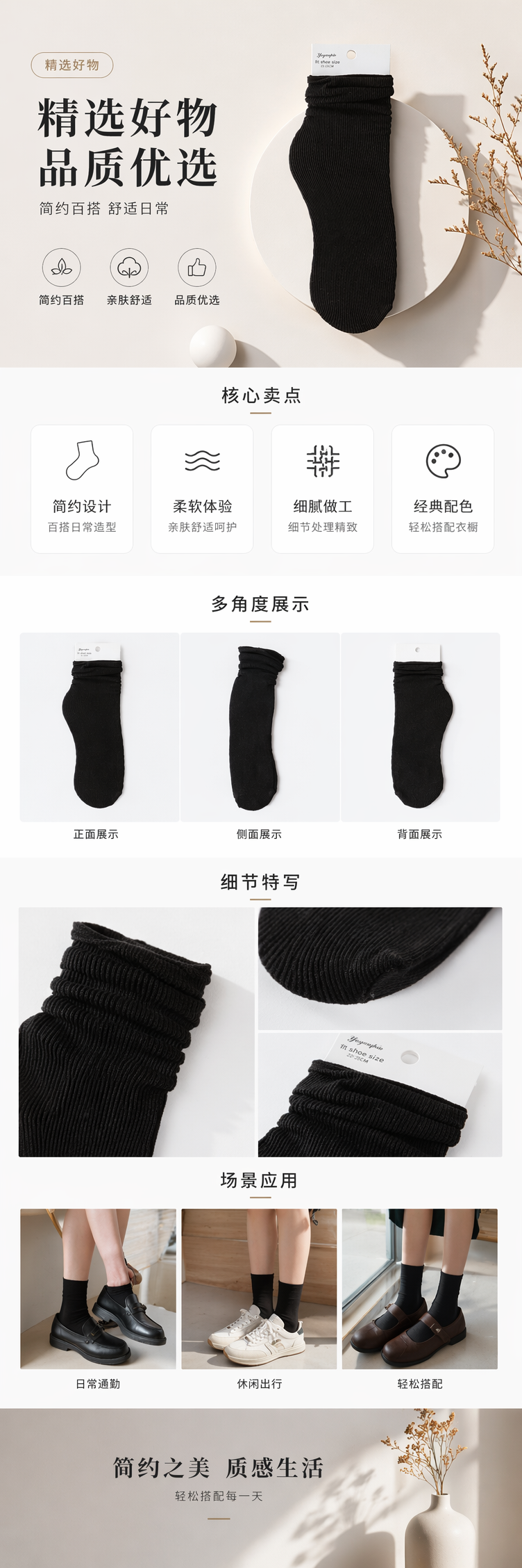 黑色罗纹袜子纯棉吸汗透气女士中筒袜详情1