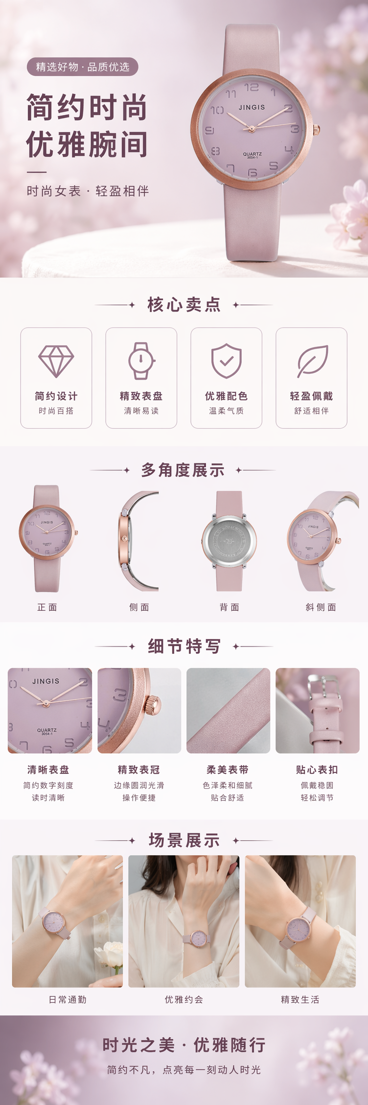 玫瑰金边框配粉色硅胶表带轻奢女士石英手表详情1