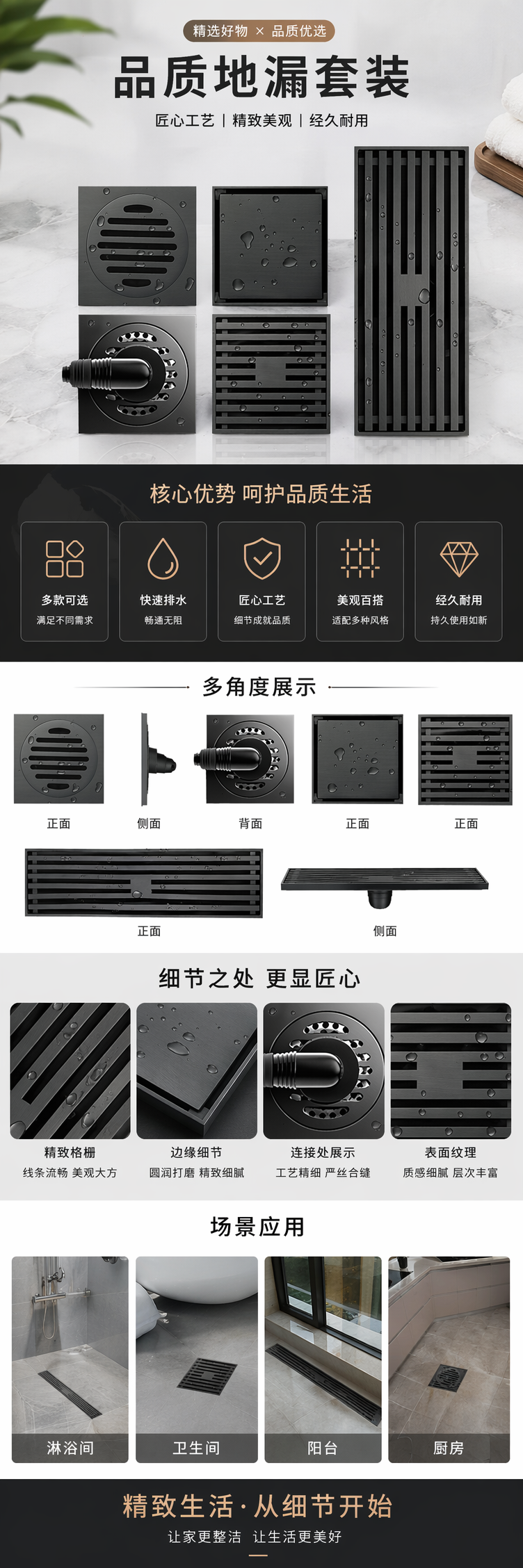 黑色金属地漏 防臭防堵不锈钢厨房卫生间通用 pic 1