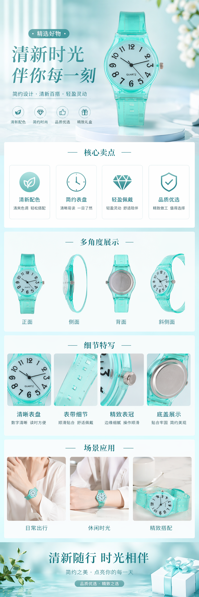 青绿色透明表壳男士石英手表详情1
