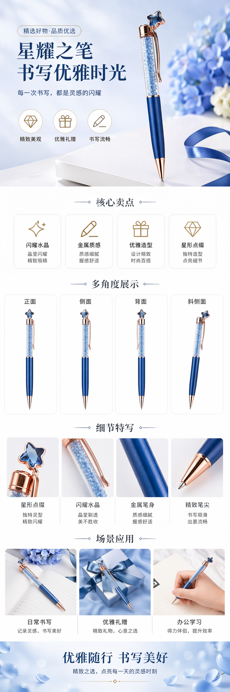 蓝色水晶笔 顺滑书写 学生办公用签字笔 pic 1