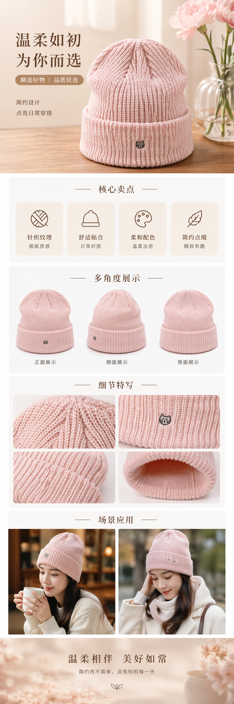 粉色针织帽 女士秋冬保暖毛线帽 休闲百搭显脸小详情1