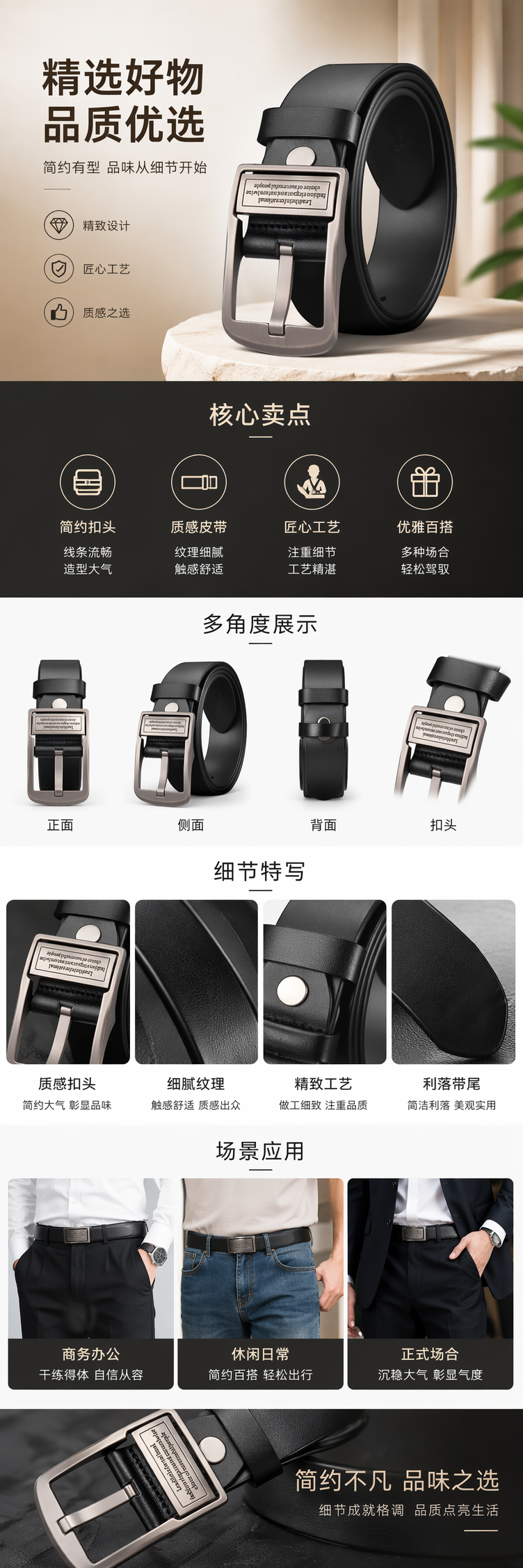 黑色真皮男士皮带 自动扣商务休闲腰带详情1