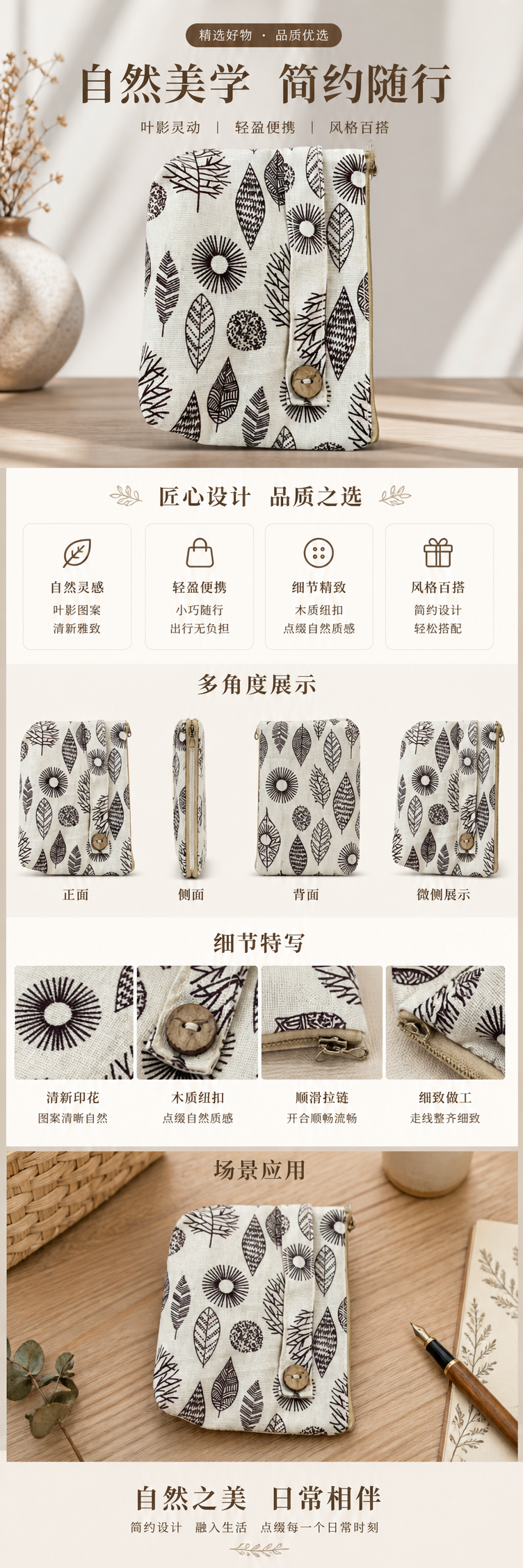 白色黑叶纹布艺化妆收纳包套装小包详情1