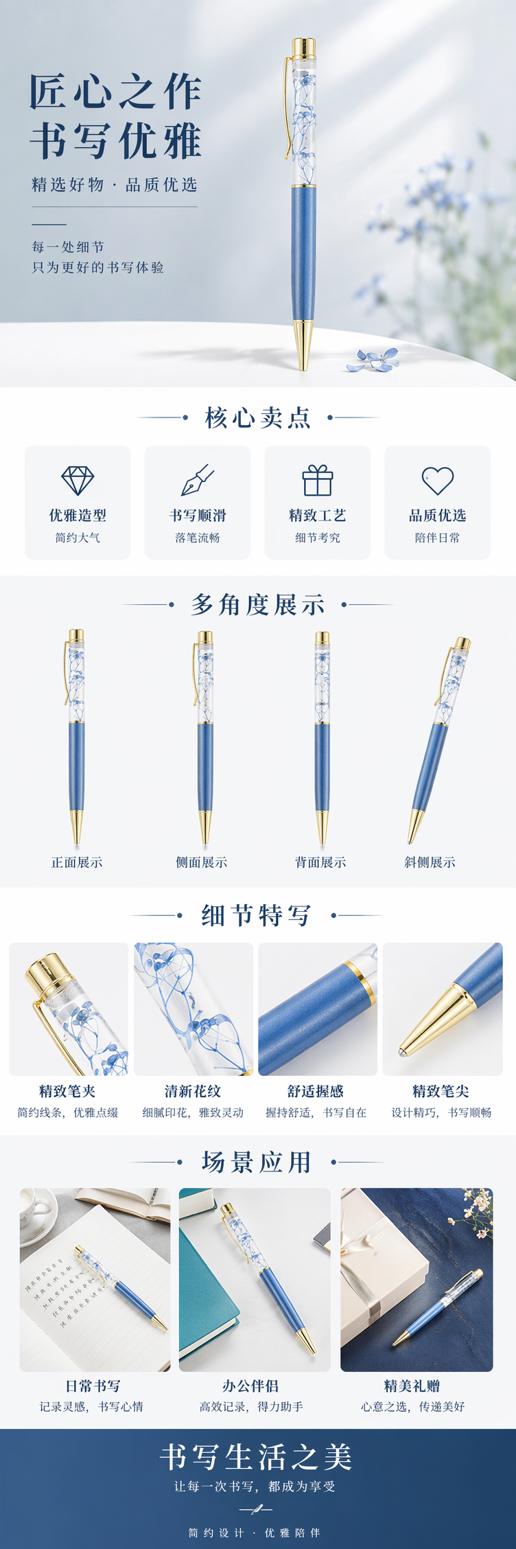 蓝色笔身金色装饰钢笔 透明笔杆内嵌蓝色干花图案 pic 1