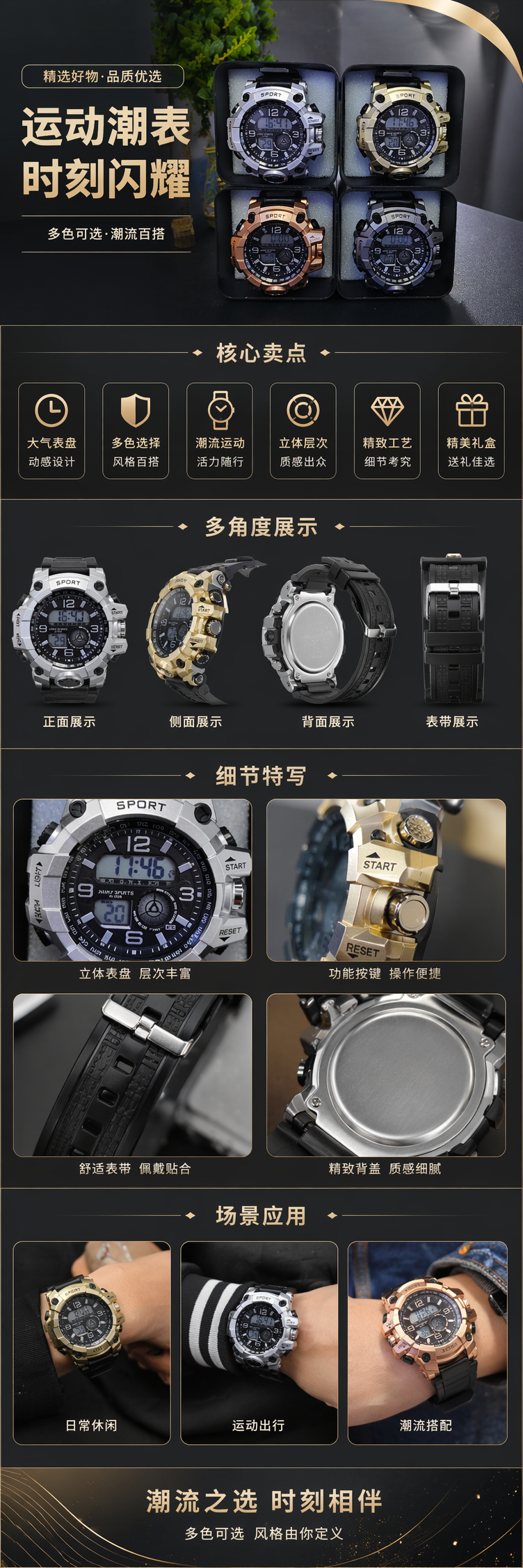 四款银金玫瑰金深灰运动电子手表 黑色展示盒 黑色表带双显表盘详情1