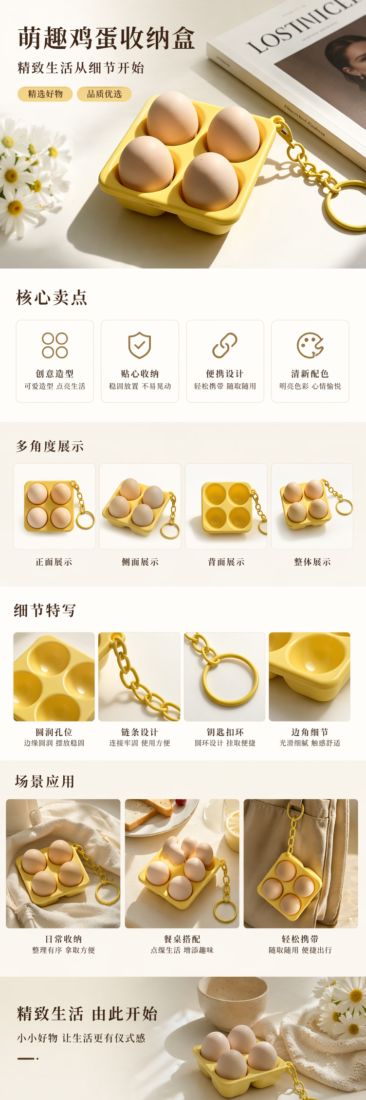 黄色鸡蛋托配四颗新鲜鸡蛋家用保鲜防震蛋盒详情1