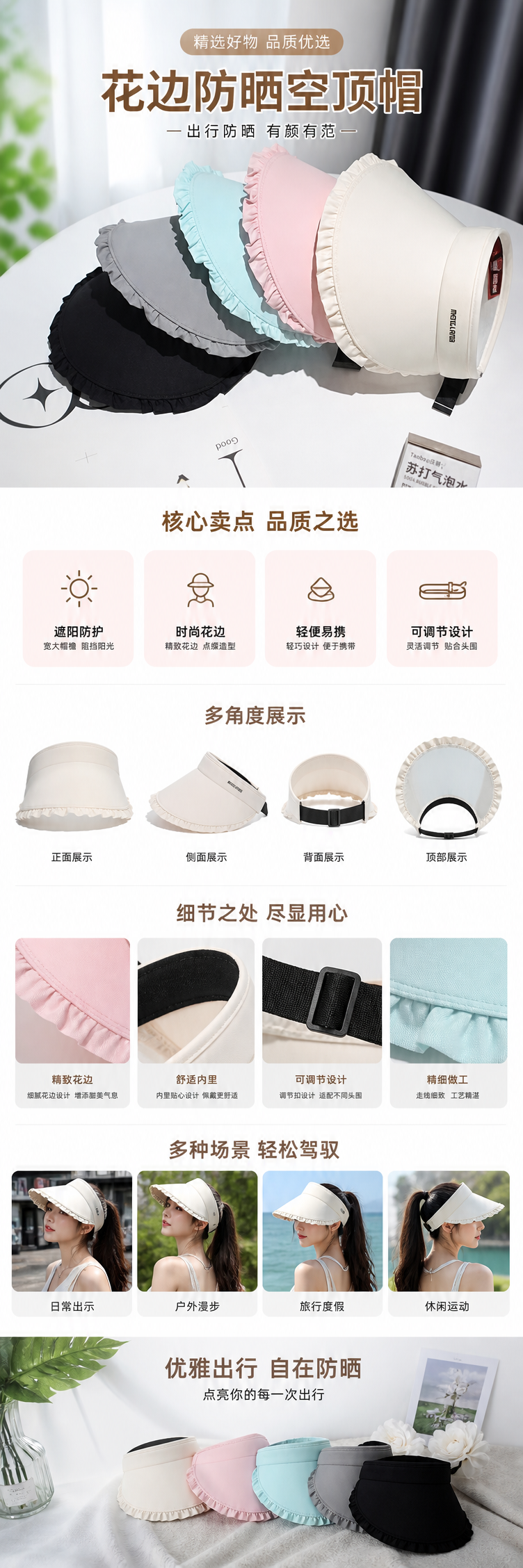 彩色褶边遮阳帽女夏季防晒透气宽檐草编帽详情1