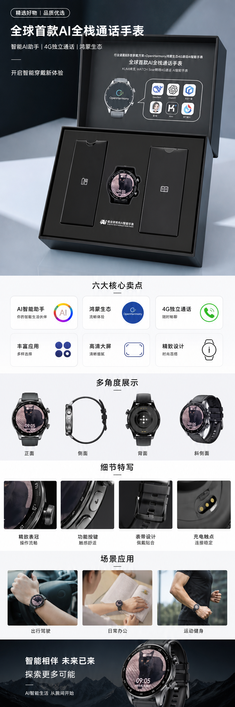 黑色智能手表包装盒含表充电器说明书 OpenHarmony标志 DeepSeek ChatGPT图标详情1