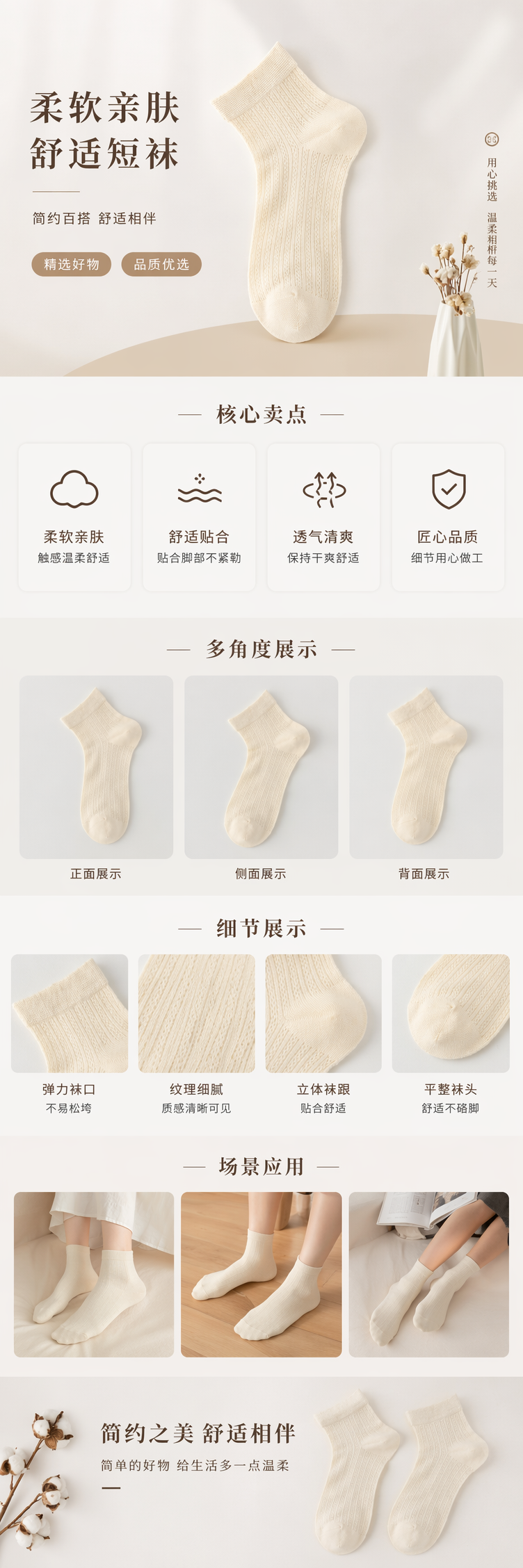 米白色针织短袜纯棉透气女士百搭基础款 pic 1