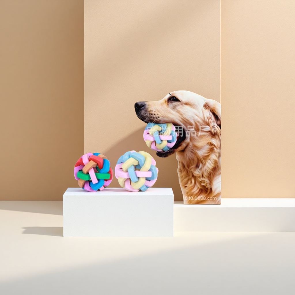 Pet seven-color bell balls, TPR woven toys, dog elastic balls, large, medium and small rainbow rubber chewable teething balls Application Scenario