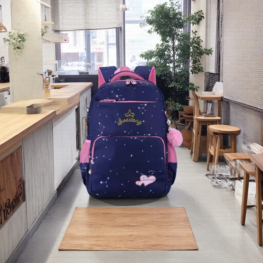 深蓝色星空图案书包男女同款大容量学生通勤背包
