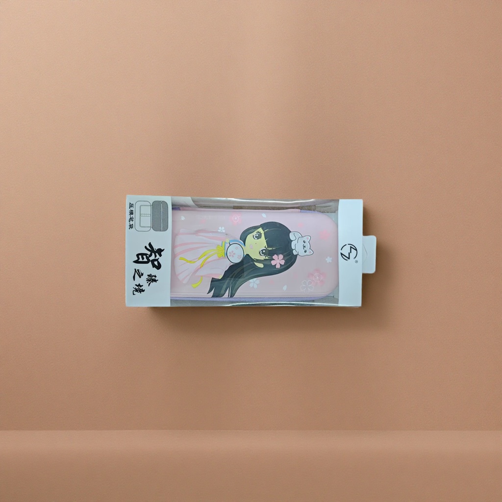 粉色笔袋 黑发少女白猫卡通樱花图案文具收纳袋