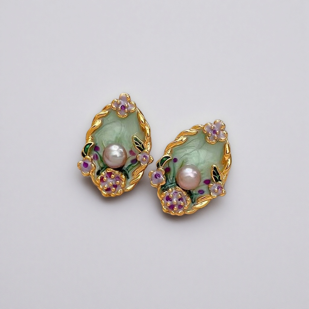Green enamel floral pearl stud earrings are fashionable and light luxury earrings for women details Picture