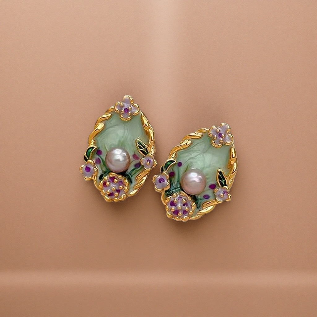 Green enamel floral pearl stud earrings are fashionable and light luxury earrings for women Specification image