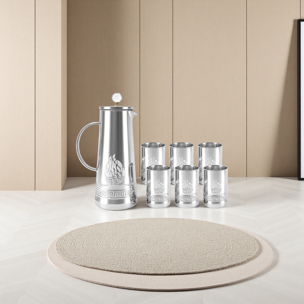 A portable household tea set with a silver water bottle and six glass cups