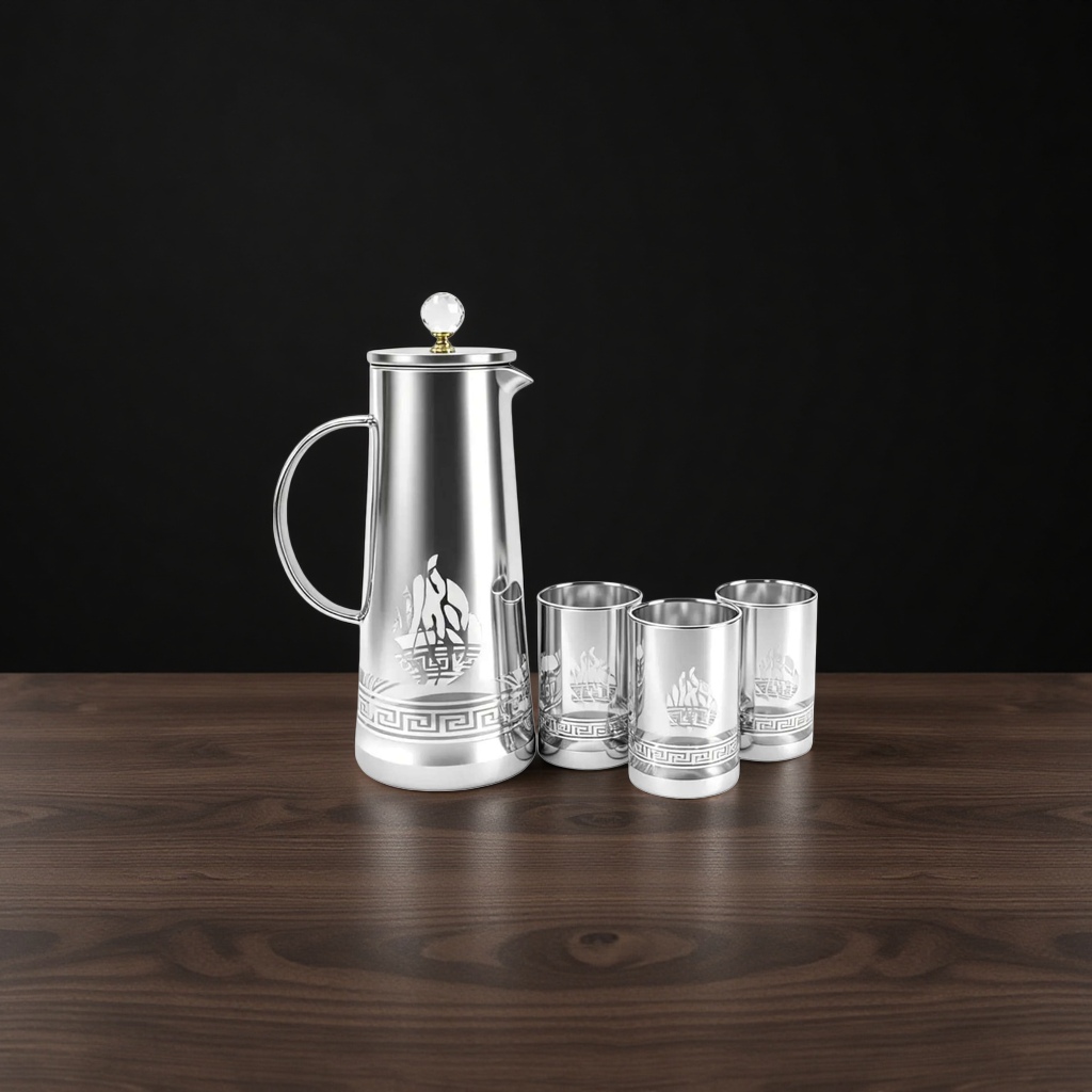 غلاية فضية مع ستة أكواب من أدوات الشاي المنزلية Specification image