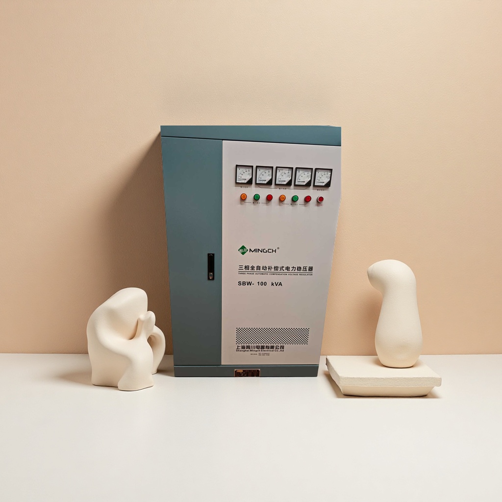The front of the grey electrical control cabinet features a white control panel with five multi-color indicator lights for the instruments and the MINGCH brand logo