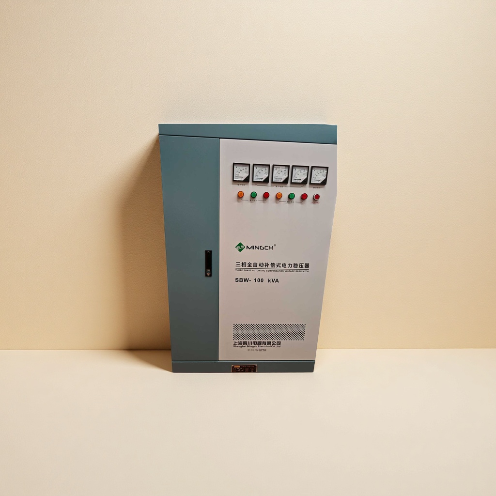 The front of the grey electrical control cabinet features a white control panel with five multi-color indicator lights for the instruments and the MINGCH brand logo Specification image