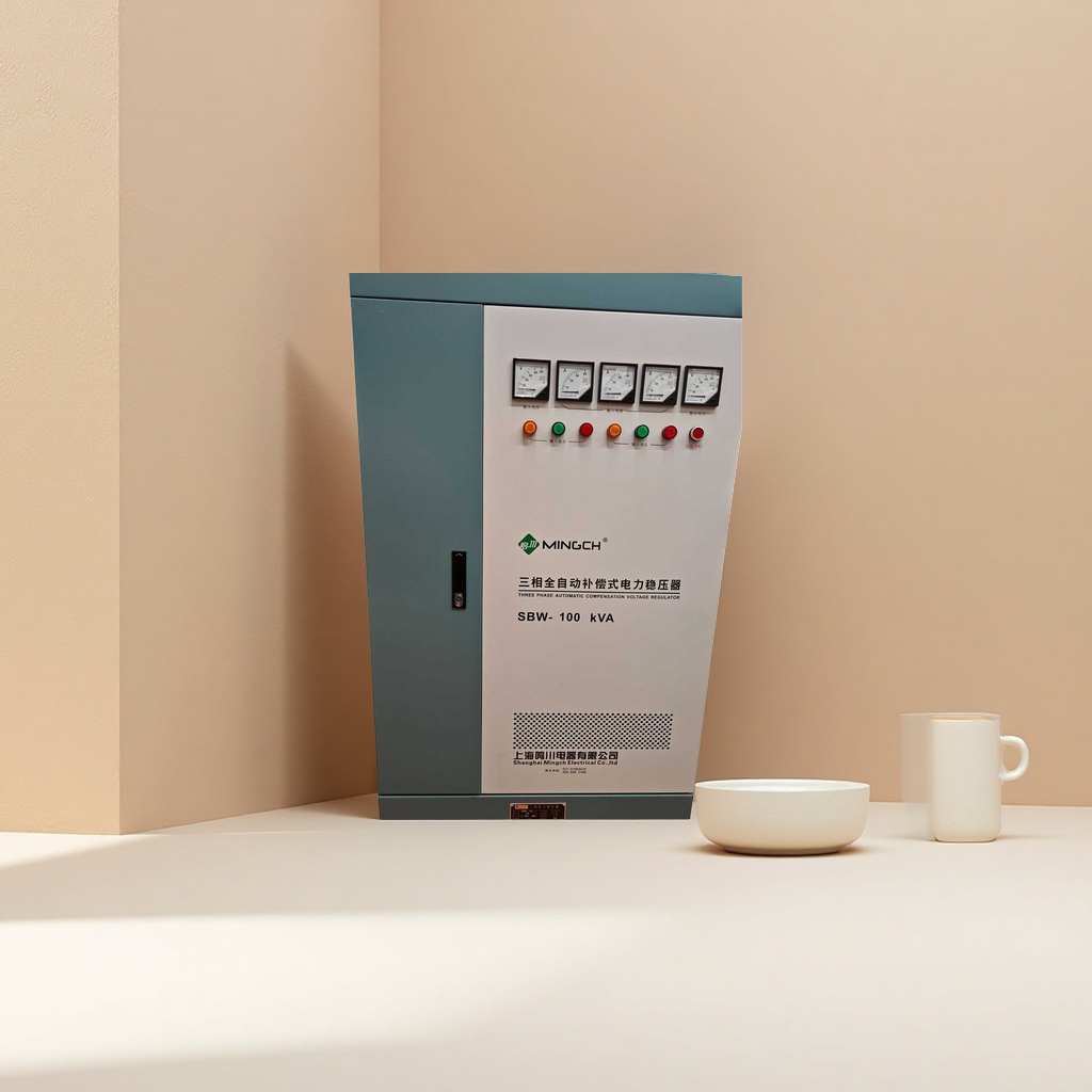 The front of the grey electrical control cabinet features a white control panel with five multi-color indicator lights for the instruments and the MINGCH brand logo details Picture