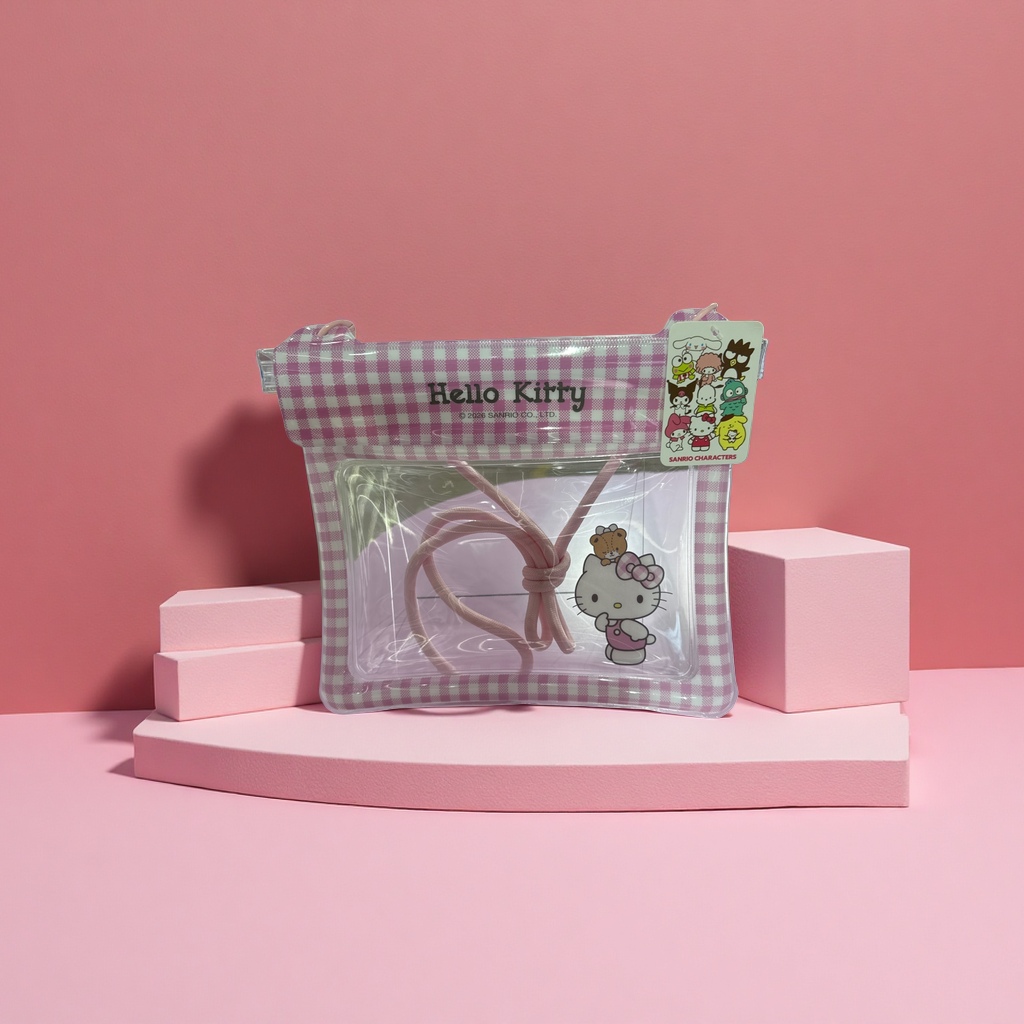粉色格纹透明Hello Kitty手机袋 配粉色绳防水袋