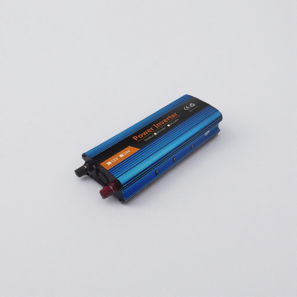 Blue power inverter with pure copper core for efficient heat dissipation, 12V to 220V, suitable for both home and car use Specification image