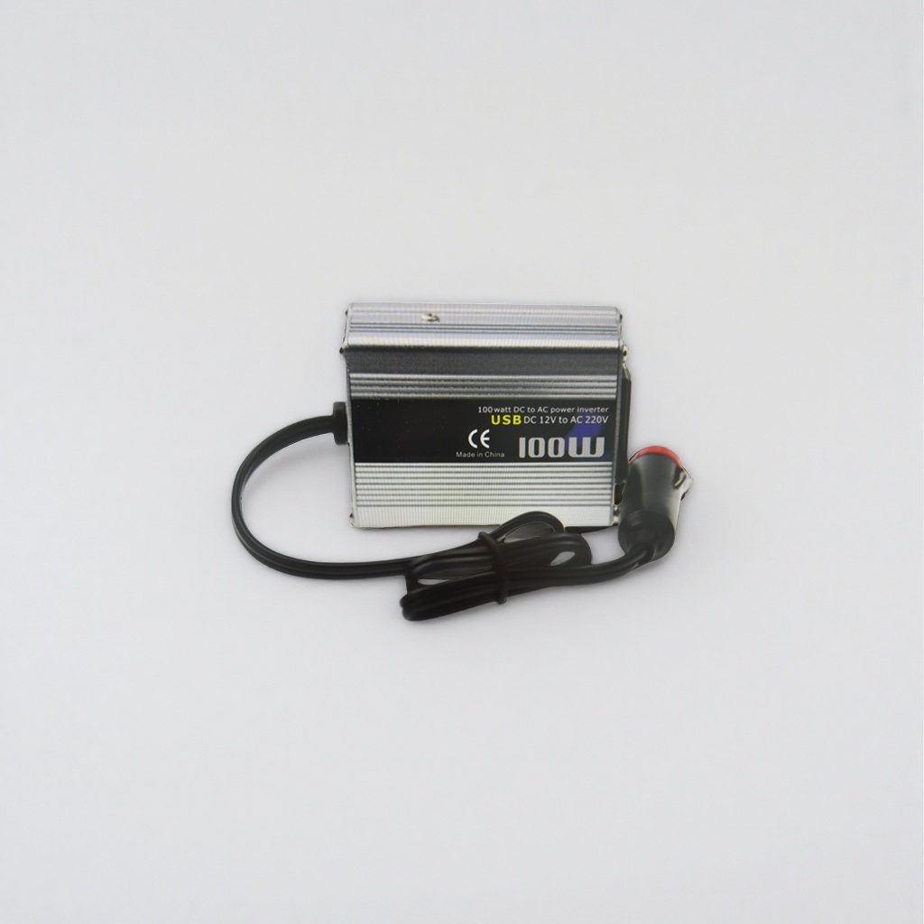 A 100W vehicle-mounted inverter with a silver and black striped shell and a DC-AC power converter details Picture