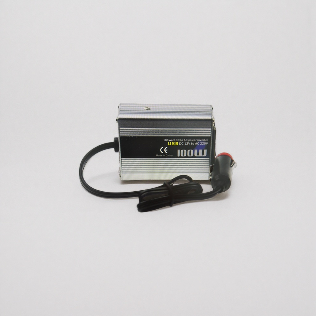 A 100W vehicle-mounted inverter with a silver and black striped shell and a DC-AC power converter Specification image