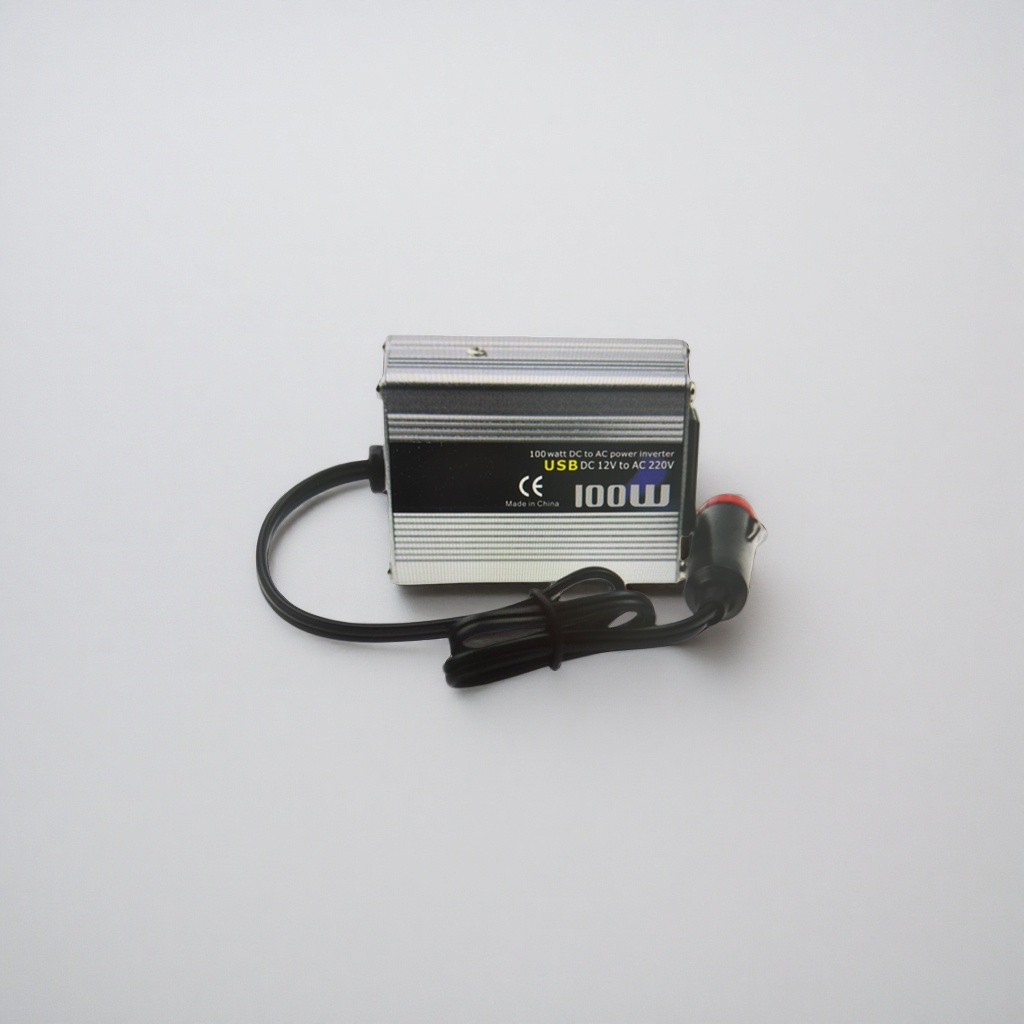 A 100W vehicle-mounted inverter with a silver and black striped shell and a DC-AC power converter Application Scenario