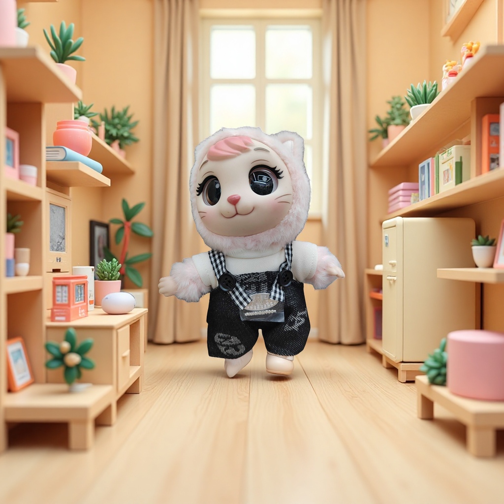 粉色毛绒猫耳玩偶黑白格子背带裤可爱抱枕装饰