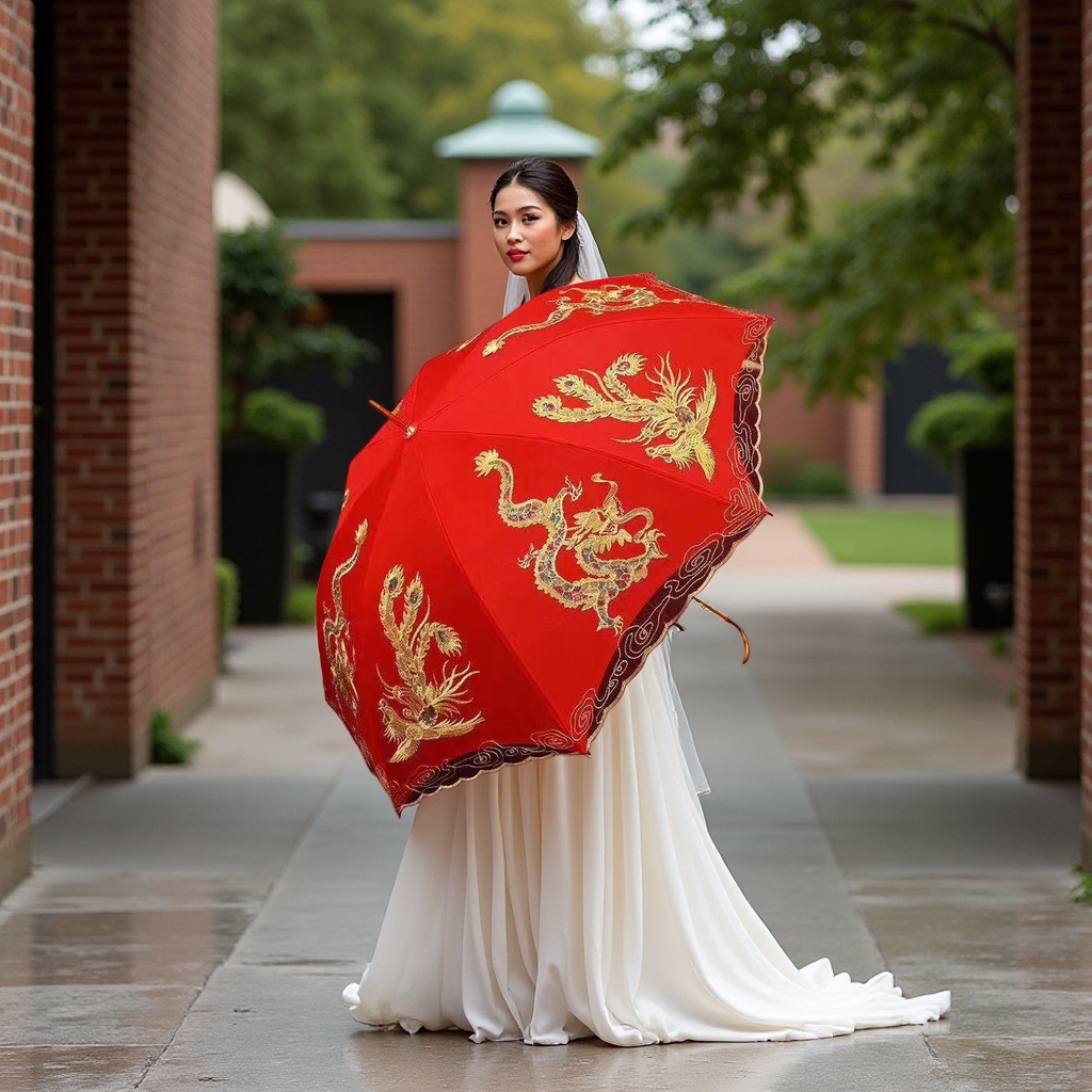 Red peacock embroidered umbrella, hand-embroidered UV protection, sun protection and sunshade umbrella Specification image