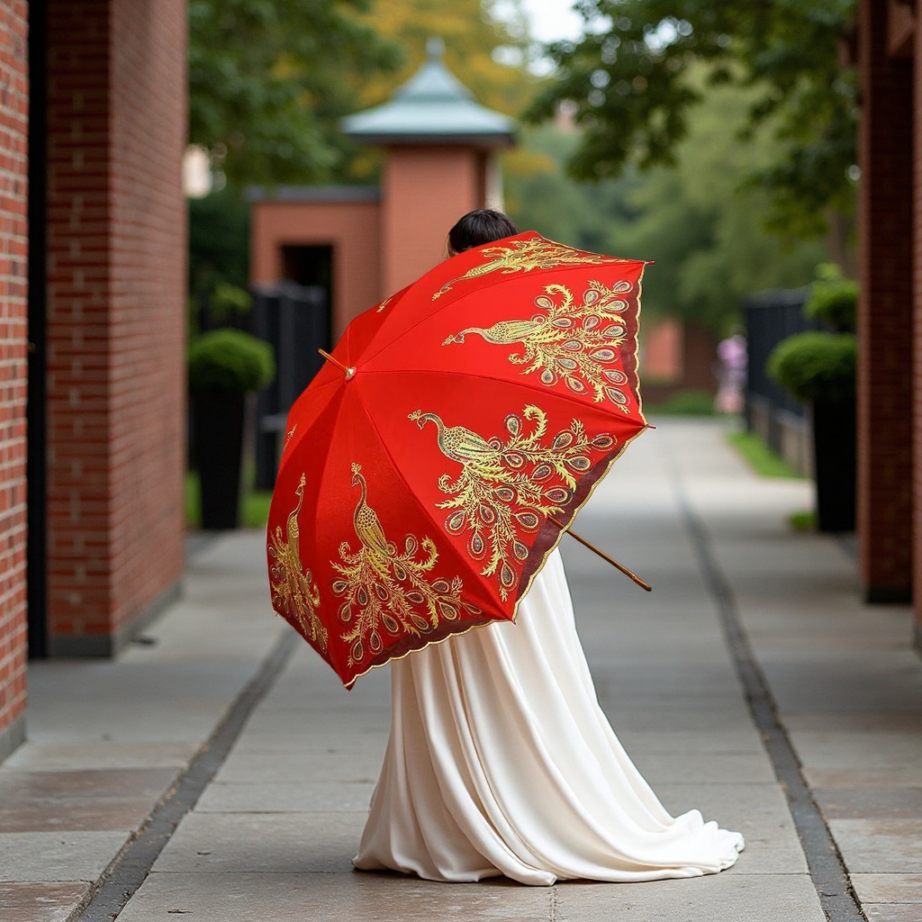 Red peacock embroidered umbrella, hand-embroidered UV protection, sun protection and sunshade umbrella