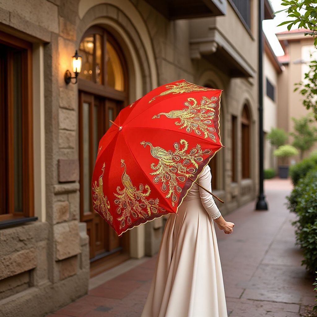 Red peacock embroidered umbrella, hand-embroidered UV protection, sun protection and sunshade umbrella details Picture