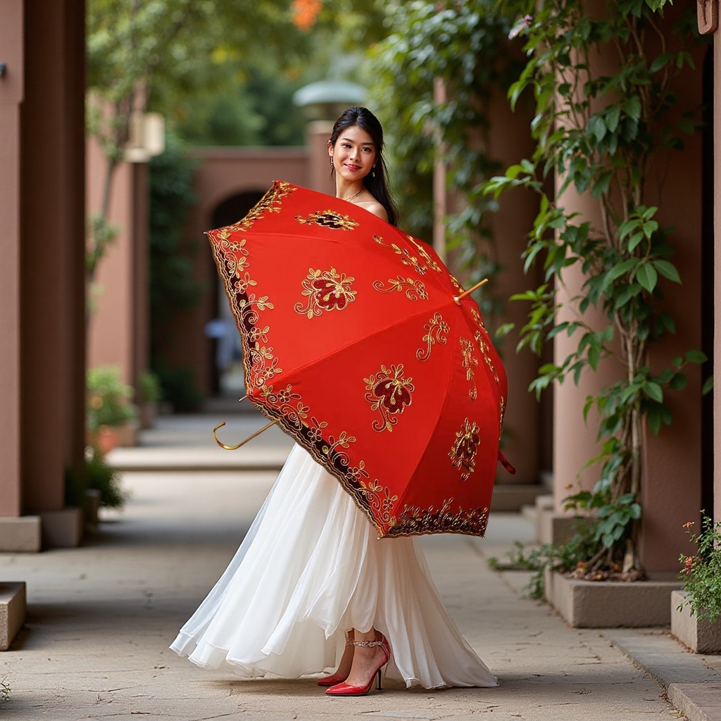Red peacock embroidered umbrella, hand-embroidered UV protection, sun protection and sunshade umbrella Application Scenario