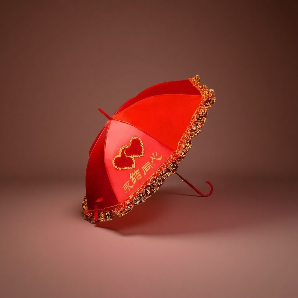 The red lace-trimmed double-heart umbrella is embroidered with gold characters on the surface details Picture
