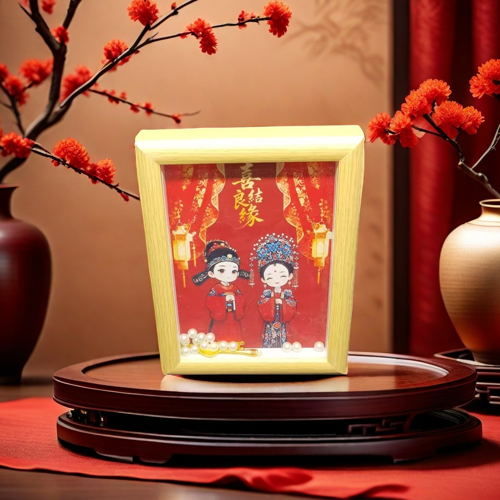 金色相框喜结良缘主题插画摆件家居装饰结婚礼品