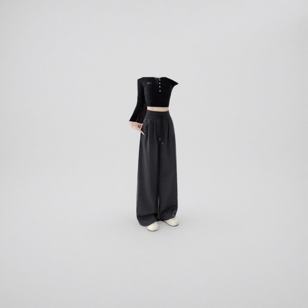 Dark grey wide-leg pants for women, high-waisted and slimming casual trousers details Picture