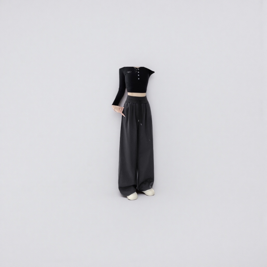Dark grey long wide-leg pants paired with a black short top and white sports shoes Application Scenario