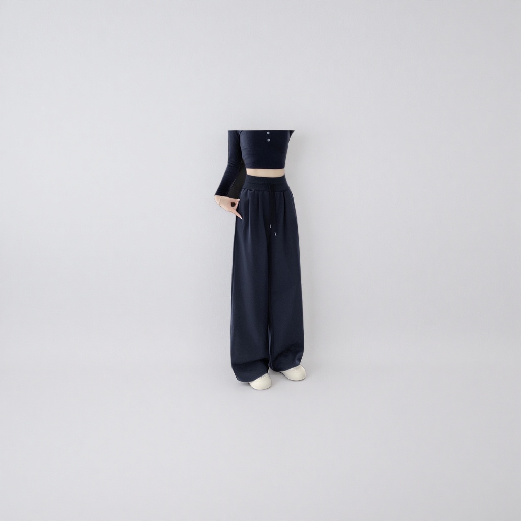 Navy blue high-waisted wide-leg pants for women paired with a black short top and white sports shoes Application Scenario