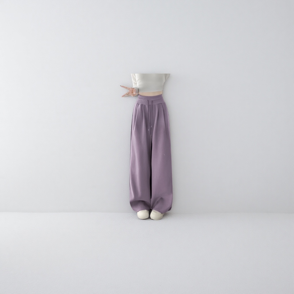 Purple long wide-leg pants, white top and white shoes model outfit details Picture
